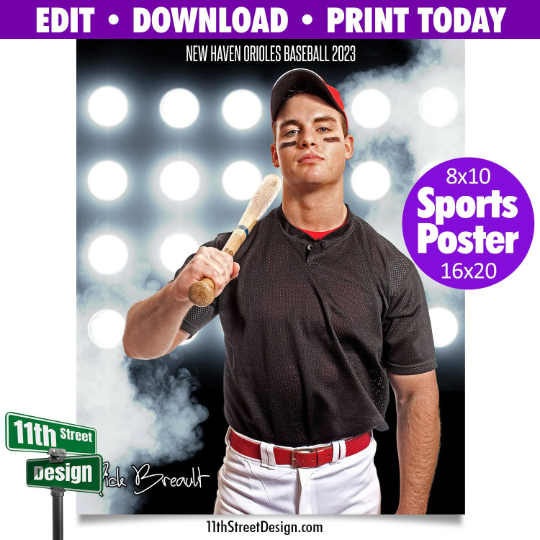 Sports Poster • Edit Now Online • Print Today • Digital Download • Custom Sports Photos • Senior Day Night Poster • Flood Lights Baseball Template