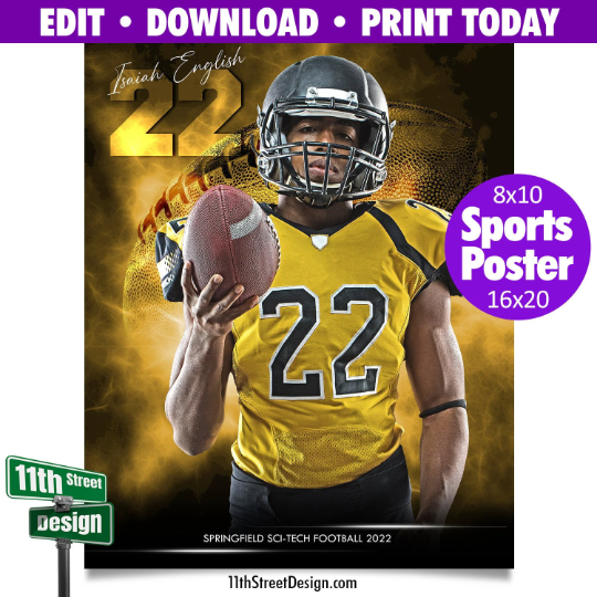 Sports Poster Edit Now Online • Print Today • Digital Download • Custom Photos • Senior Night Poster • Electric Explosion Football Template