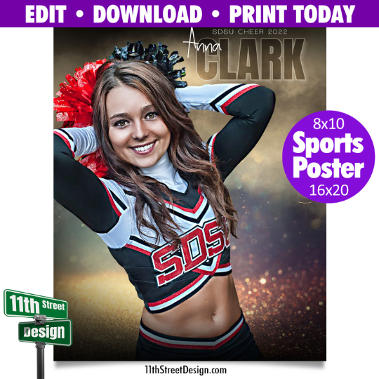 Sports Poster Edit Now Online • Print Today • Digital Download • Custom Photos • Senior Night Poster • In The Shadows Cheer Template