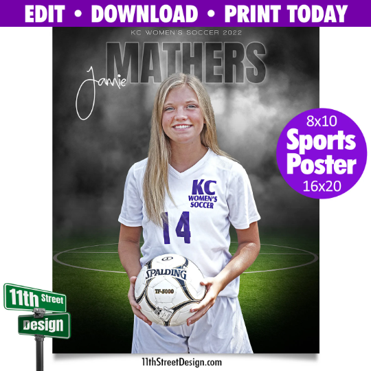 Sports Poster Edit Now Online • Print Today • Digital Download • Custom Photos • Senior Night Poster • In The Shadows Soccer Template