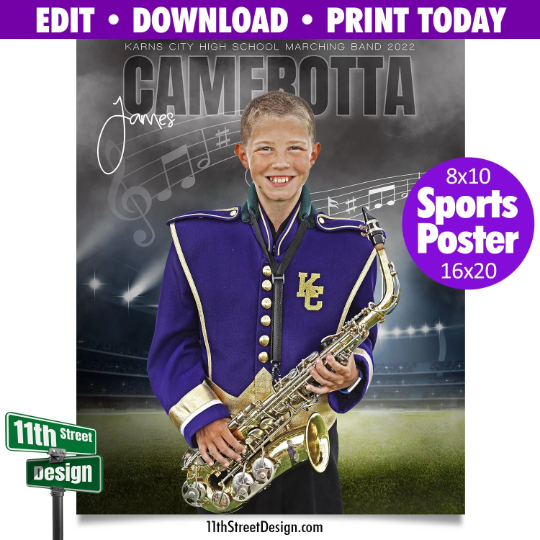 Sports Poster Edit Now Online • Print Today • Digital Download • Custom Photos • Senior Night Poster • In The Shadows Marching Band Template