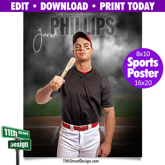 Sports Poster Edit Now Online • Print Today • Digital Download • Custom Photos • Senior Night Poster • In The Shadows Baseball Template