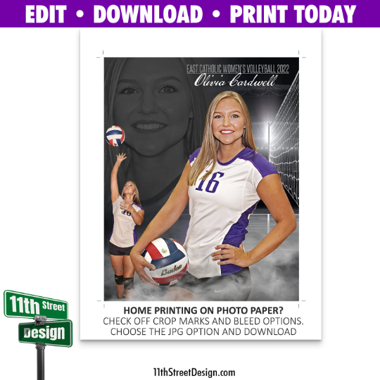 Sports Poster • Edit Now Online • Print Today • Digital Download • Custom Sports Photos • Senior Day Night Poster • Dream Weaver Volleyball Template