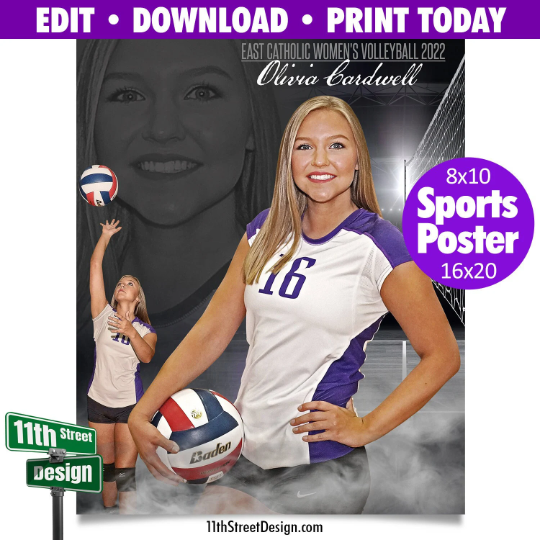 Sports Poster • Edit Now Online • Print Today • Digital Download • Custom Sports Photos • Senior Day Night Poster • Dream Weaver Volleyball Template