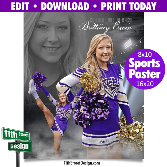Sports Poster • Edit Now Online • Print Today • Digital Download • Custom Sports Photos • Senior Day Night Poster • Dream Weaver Cheer Template