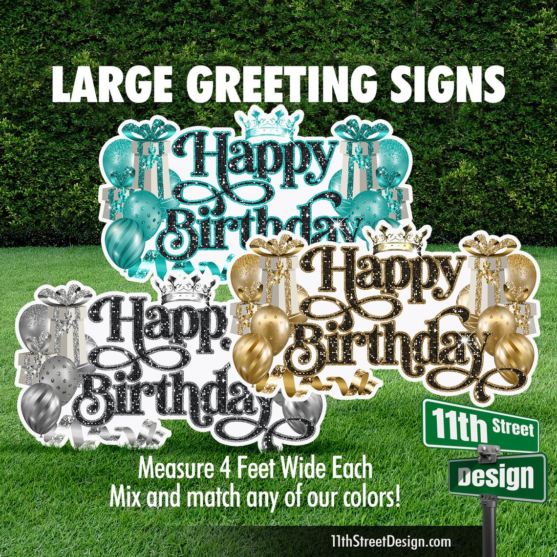 Happy Birthday Large Greeting Signs - Celebration Flair Teal Gold Silver